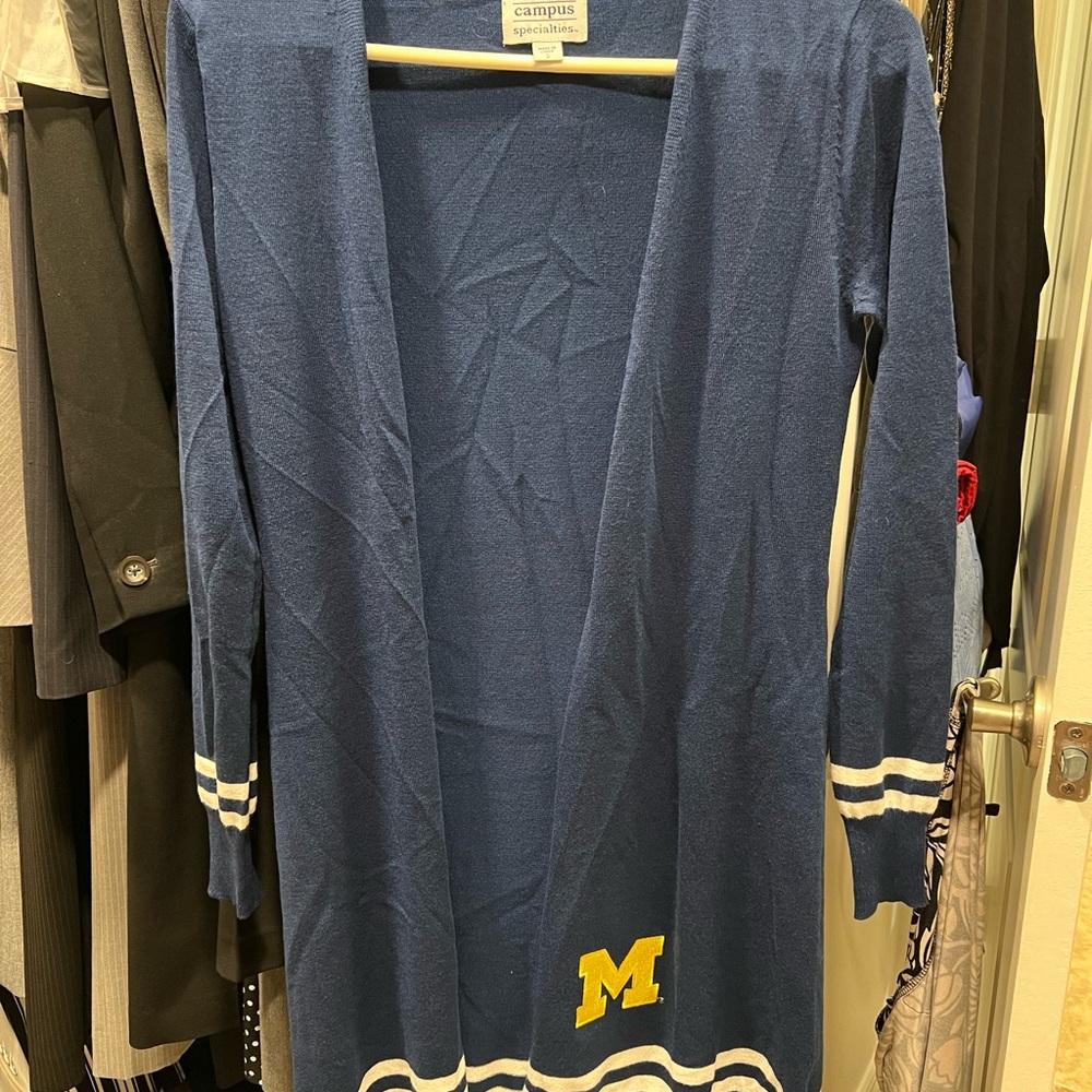 Blue Open Front Cardigan -university of Michigan maize M